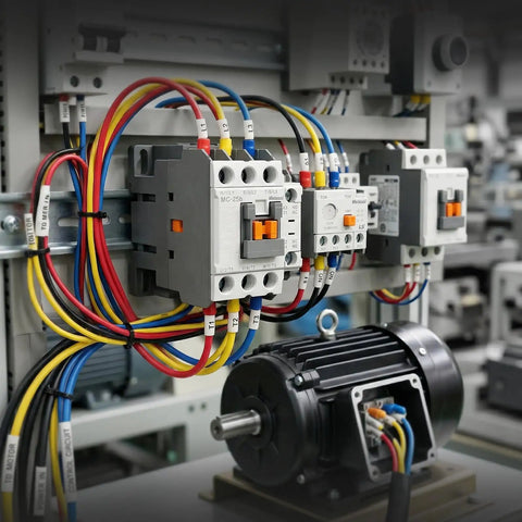 Installed Three Pole Magnetic Contactor With 24V DC Coil 1NO1NC Auxiliary Contact on DIN rail with motor in industrial setting