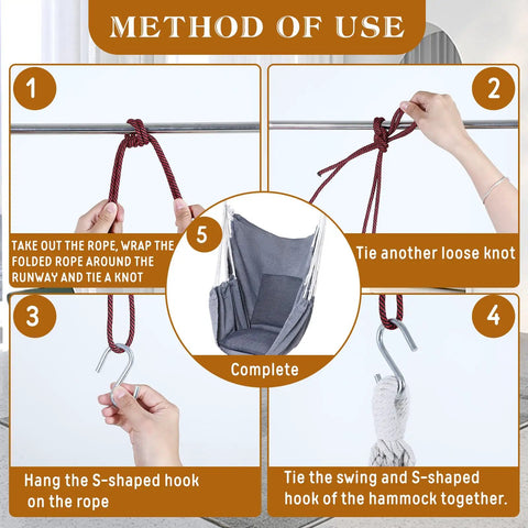Method of use for Two Piece Hammock Chair Set With Cushions For Indoor Outdoor Use Large Hanging Rope Swing Seats Gray