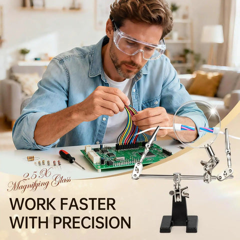 Man using Hands Free Magnifier Station With 2.5X Glass Lens Dual Adjustable Alligator Clips On 4 Way Swivels Heavy Base for electronics.