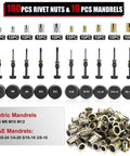 Pro Grade Rivet Nut Tool Kit With Nutsert Gun, Upgraded Rivnut Tool With 10 Metric And SAE Mandrels and 100 Rivnuts display