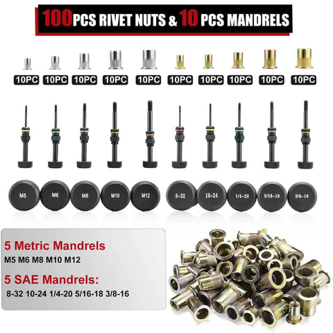 Pro Grade Rivet Nut Tool Kit With Nutsert Gun, Upgraded Rivnut Tool With 10 Metric And SAE Mandrels and 100 Rivnuts display
