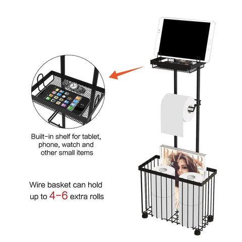 Freestanding Toilet Paper Holder With Storage Shelf No Drill Easy Roll Dispenser For Toilet Paper And Magazines Phone Tablet Organizer Black Bathroom Rack For Small And Large Bathrooms