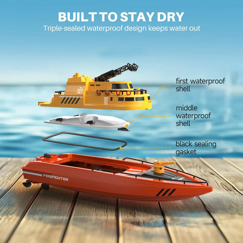 Awesome Remote Control Fireboat RC Boat For Kids 8 To 12 with triple-sealed waterproof design shown in exploded view