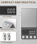 Digital Coin Scale With 0.01g Precision And 200g Capacity showing LCD display, tray, and calibration weights