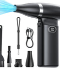 Cordless Air Duster With 60 MPH Wind Power Portable Mini Blower for electronics and computers with accessories and digital display.