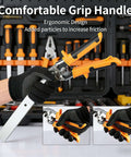 Person holding 3 Inch Sheet Metal Hand Seamer With TPR Handle Straight Jaw Bender, tool close-up showing ergonomic grip and jaw width.
