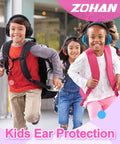 Kids wearing noise-canceling ear protection; black and blue muffs with ABS frame for concerts, fireworks, and games.