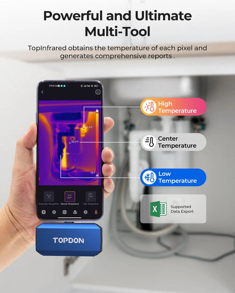 Person holding smartphone with TC001 Plus Pro Grade Thermal Camera For Android showing heat map in industrial setting