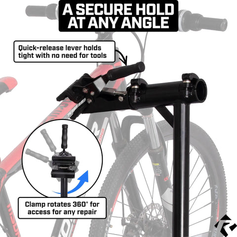 Heavy Duty E Bike Repair Stand With Telescoping Arm 360 Degree Rotating Clamp Magnetic Tool Tray And Adjustable Handlebar Rod A True Workhorse Tripod Base For Electric Mountain And Fat Tire Bikes in use, showing secure hold and rotation details