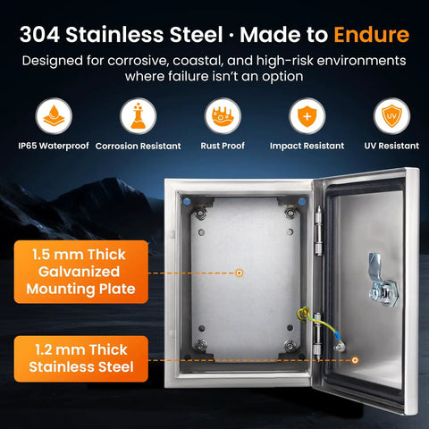 Heavy Duty 304 Stainless Steel Electrical Junction Box IP65 Waterproof Lockable Metal Enclosure interior view with mounting plate