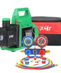 Beefy Vacuum Pump And Gauge Set With Aluminum Manifold, 4.5 CFM, Quick Couplers, 410 Adapter, Can Tap Tool, And Carrying Tote For R134A R410A R22 R404A Refrigerants And AC Maintenance. Vacuum pump kit with manifold, hoses, gauges, and tote.