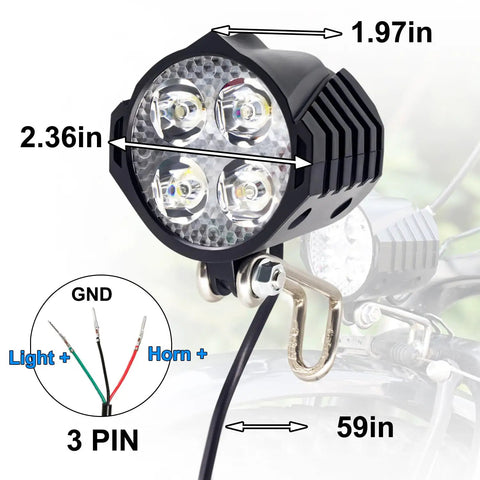 Front Light For Electric Bikes With Built In Horn Stay Lit, 3W LED, 200 Lumens, 12V To 60V Compatible, 3 Pin SM Connector, Bright Headlight For Night Rides, Easy Install, Weather Resistant