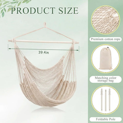 Two Piece Hanging Hammock Chairs Set With 40 Inch Detachable Metal Bars, Boho Swing Chairs, cotton rope, storage bag, bars