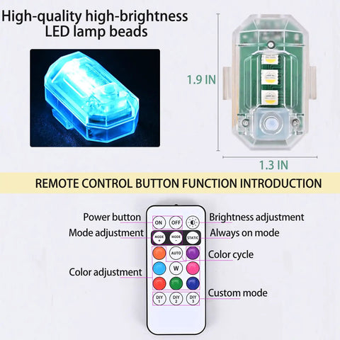 Wireless LED Strobe Lights With Remote Control USB C Rechargeable showing LED light bead and remote control with color options.