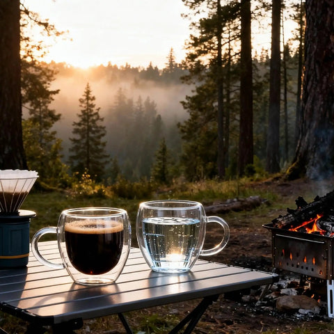 Six Pack Double Wall Insulated Espresso Cups With Handles Clear Borosilicate Glass Shot Glasses shown on a table outdoors
