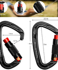 Heavy Duty Auto Lock Carabiner Clips 28KN 6172Lbs Aluminum 4 Pack Large Carabiners For Keychains Hammock Camping Gym Hiking Outdoor Gear And Dog Leash showing dimensions and features.