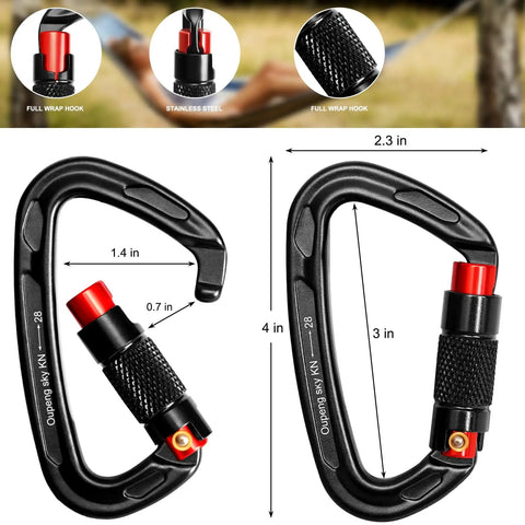 Heavy Duty Auto Lock Carabiner Clips 28KN 6172Lbs Aluminum 4 Pack Large Carabiners For Keychains Hammock Camping Gym Hiking Outdoor Gear And Dog Leash showing dimensions and features.