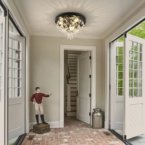 Lux Black Crystal Chandelier Light Fixture in hallway with clear faceted crystals, modern ceiling pendant, 15.75 inch wide