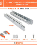 Undermount No Slam Soft Close Drawer Slides 21 Inch For Three Quarter Inch Drawer Panels, 6 Pairs, Concealed Bottom Mount, 75 Lb Capacity, 3D Adjustable, Cold Rolled Steel, Smooth Silent Glide For Kitchen Cabinets Bathrooms And Office Use, pair and parts