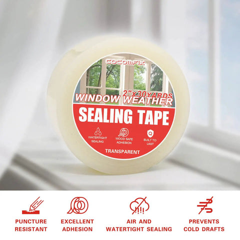 Indoor And Outdoor Clear Window Weather Sealing Tape For Draft Prevention package on windowsill, 2 inch by 30 yards roll.