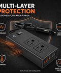 Heavy Duty 400W Car Power Inverter 12V DC To 110V AC For Tesla And EVs with dual outlets and charging ports, displaying safety features.