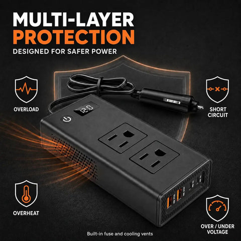 Heavy Duty 400W Car Power Inverter 12V DC To 110V AC For Tesla And EVs with dual outlets and charging ports, displaying safety features.