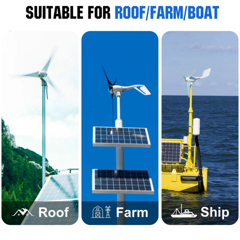 Backyard Ready Solar And Wind Generator Kit 600W With Dual Bifacial Panels And Quiet 400W Turbine on roof, farm, and boat.