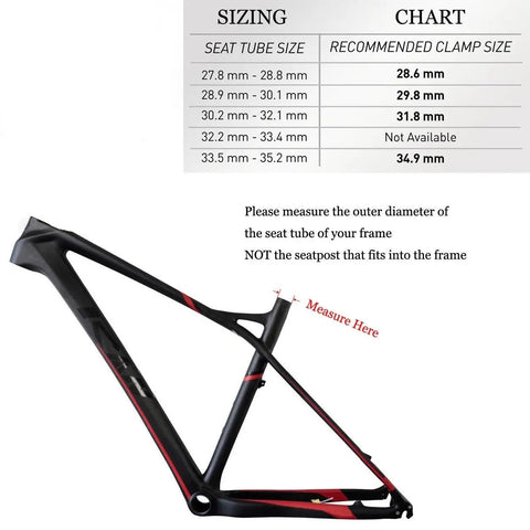 Bike frame with sizing chart for Ultra Lightweight Aluminum Bike Seat Post Clamp 31.8mm to 34.9mm Diameter, Snug Quick Release Seatpost Collar.