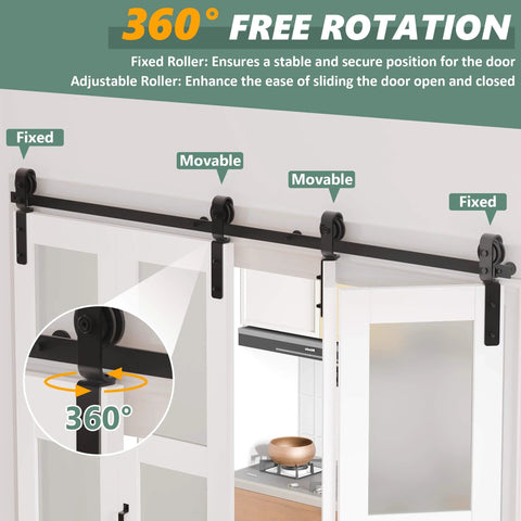 Bi-Fold Sliding Barn Door White MDF With Frosted Glass Panels, 30 Inch Wide, 84 Inch Tall, Two 15 Inch Panels, Includes Sliding Hardware Kit, Pre-Drilled Closet Slab, Space-Saving Interior Door for Hallway or Closet, shown with 360-degree adjustable rollers.