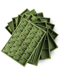 Top Shelf Velvet Jewelry Tray With 24 Individual Sections For Pendants Folded Chains And Stud Earrings Soft Touch Holder showing green velvet compartments.