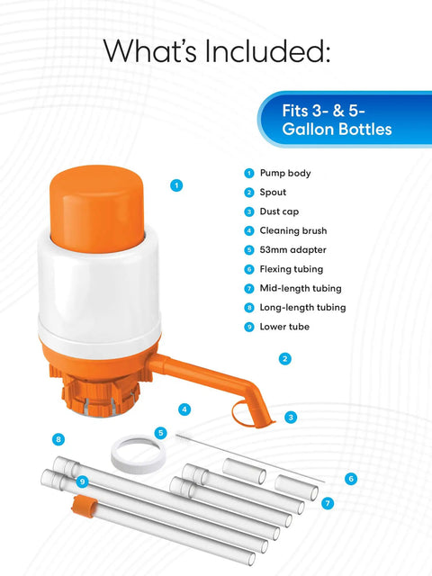 Universal Manual Water Pump for 2 to 6 Gallon Bottles, Adjustable Tube, contents shown with parts labeled 1 to 9.
