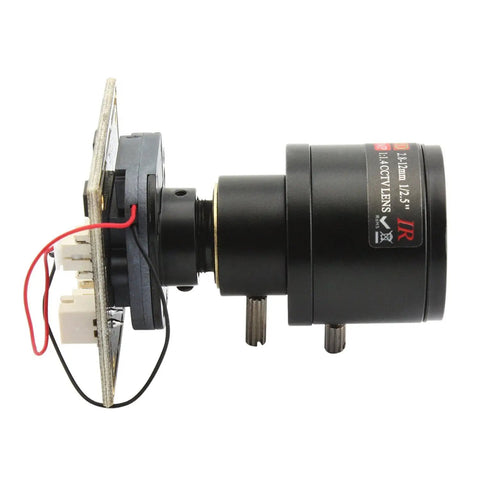Side view of Beefy 2MP High Speed USB Camera Module with manual zoom lens, showing wiring and connectors on a rectangular board.