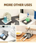 Handy Dandy Two In One Spoon Rest And Pot Lid Holder For Kitchen Counter with dishware, soap, and utensils in use.