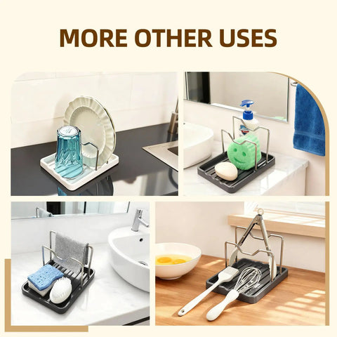 Handy Dandy Two In One Spoon Rest And Pot Lid Holder For Kitchen Counter with dishware, soap, and utensils in use.