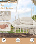 Two Person Hanging Hammock Chair With Thick Cushions And Boho Macrame Swing For Indoor Outdoor Use Featured With Beige Poly Cotton Fabric