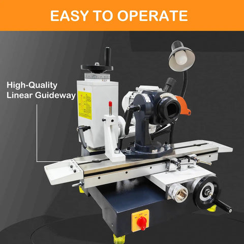 Beefy 220V Universal Tool Grinder Featuring A Snappy 0.55KW Motor With A Dead Straight 360 Degree Rotating Head and Linear Guide Table.