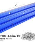 Image showing Blue 48 Inch Aluminum T Track Set For Woodworking Six Pack With Predrilled Mounting Holes And Seventy Two Screws.