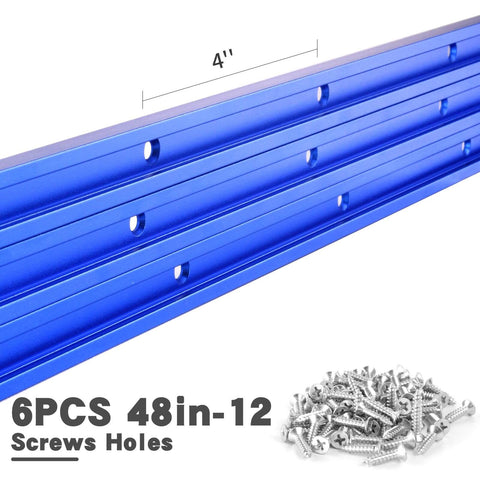 Image showing Blue 48 Inch Aluminum T Track Set For Woodworking Six Pack With Predrilled Mounting Holes And Seventy Two Screws.