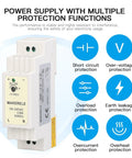 Compact 15W 24V DC DIN Rail Power Supply With AC To DC Input 100 240V 50 60Hz Slim Beefy Industrial Grade Built With EMI Filter And Pure Copper Transformer For Rock Solid Automation, white DIN rail module with protection icons