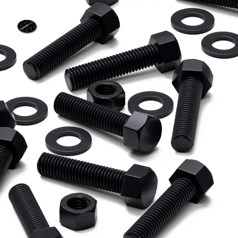 Ten Piece Black Nylon Hex Head Bolts M12 X 50Mm Plastic Fasteners Including Matched Nuts And Washers for electrical repairs.