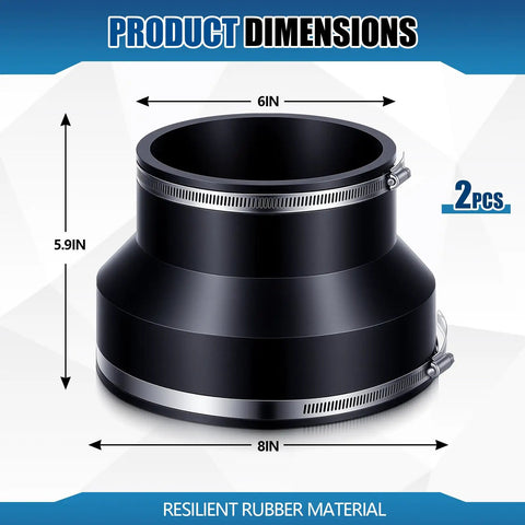 2 Pack 8 Inch To 6 Inch Flexible Rubber Pipe Coupling Reducer With Stainless Steel Clamps For Cast Iron PVC Steel Plastic Lead Pipe Connector Easy Install For Home Plumbing Projects, 8x6in dimensions