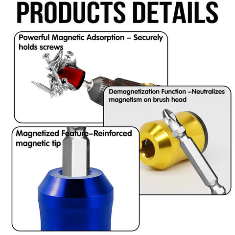 Three Piece Magnetic Screw Ring Set For Drills And Power Tools, showing features like magnetic adsorption and demagnetization.