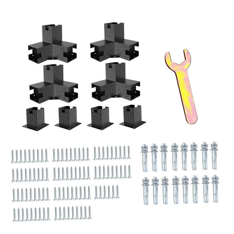 Top Shelf 3 Way Right Angle Corner Brackets And Heavy Duty Post Mounts For No Sweat DIY Pergola Builds Garden hardware kit with 4 brackets, screws, anchors, and wrench.