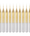 Front view of ten titanium-coated carbide end mills with 1/8 in shank; 0.2 mm tips for PCB engraving and CNC routing.