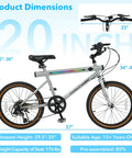 20 Inch LED Lit Mountain Bike dimensions and features with High Carbon Steel Frame, 6 Speed Shimano Twist, and Dual Disc Brakes.