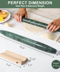 Hands rolling dough with French Marble Rolling Pin With Wooden Resting Base 15 Inch Nonstick Dough Roller For Pie Crust Cookies And Pasta Delivers Smooth Even Rolling And A Sleek Countertop Vibe For Every Home Baker, shown with dimensions and weight.