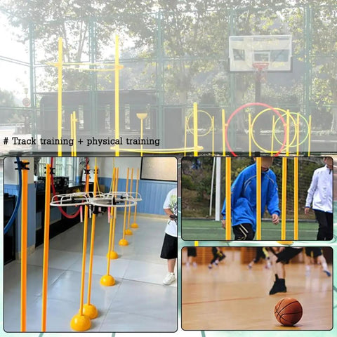 Drone Racing Obstacle Course Kit for Beginners and Pros set up with cones and hoops in an indoor gym area.