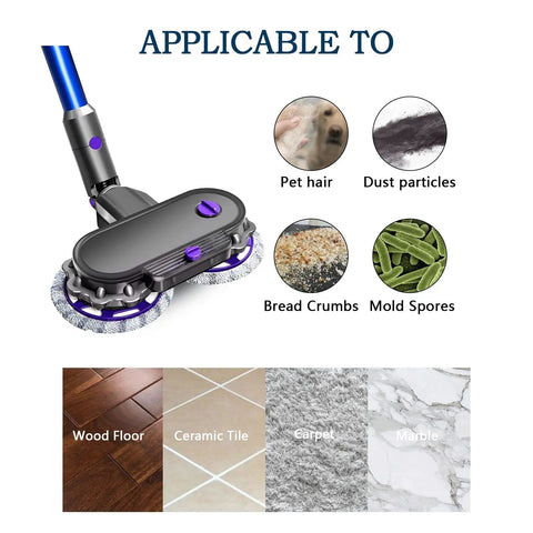 Electric Cleaning Mop Head For V7 V8 V10 V11 Cordless Vacuums Wet Dry Mop Attachment with applicable surfaces and particles chart