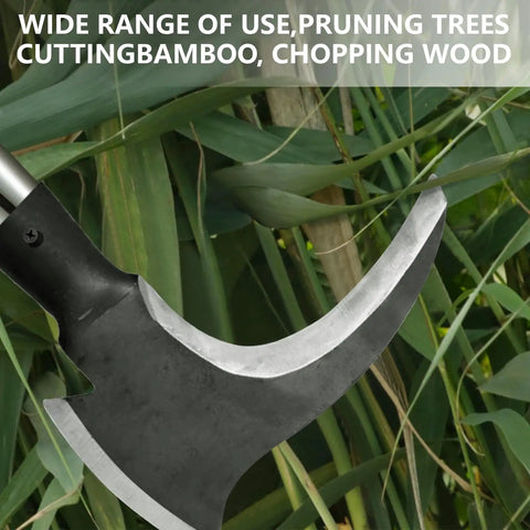 High Manganese Steel Double Scythe With Wooden Handle for outdoor weeding and grass mowing, close-up of curved blade