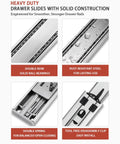 Soft Close Drawer Slides 14 Inch Side Mount Glides, 6 Pair, 3 Fold Full Extension Ball Bearing Rails with features highlighted